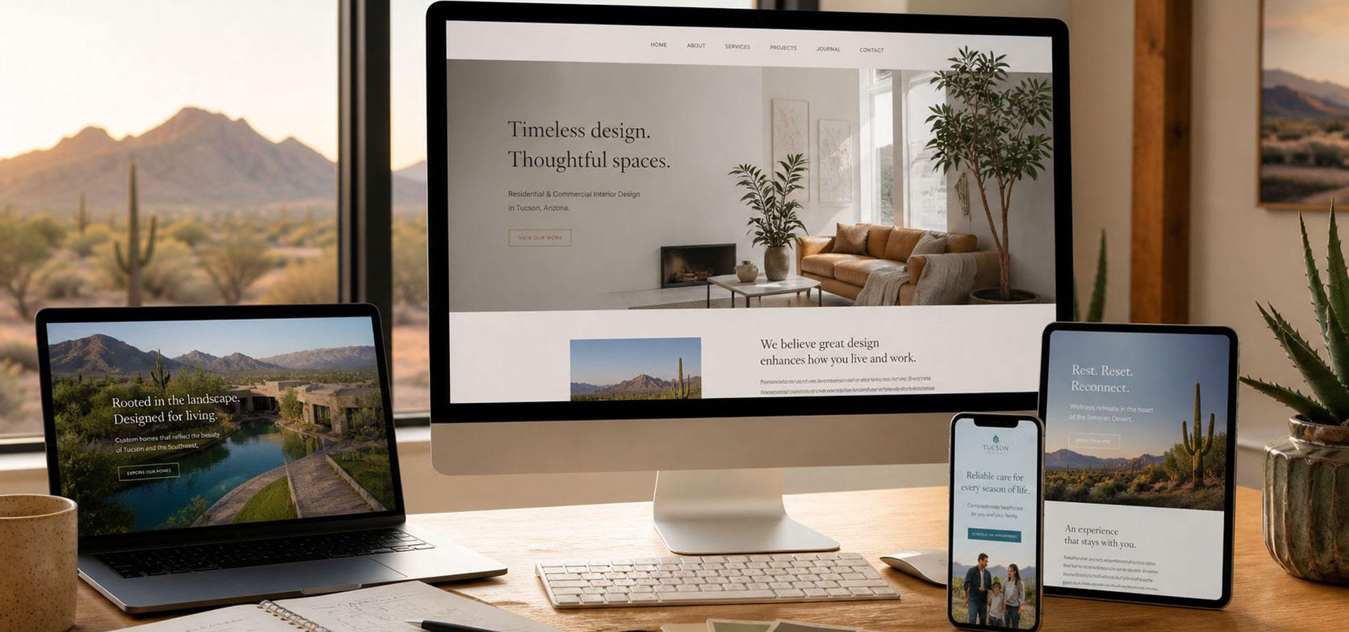 Modern Tucson website design workspace showing responsive website layouts for small businesses.
