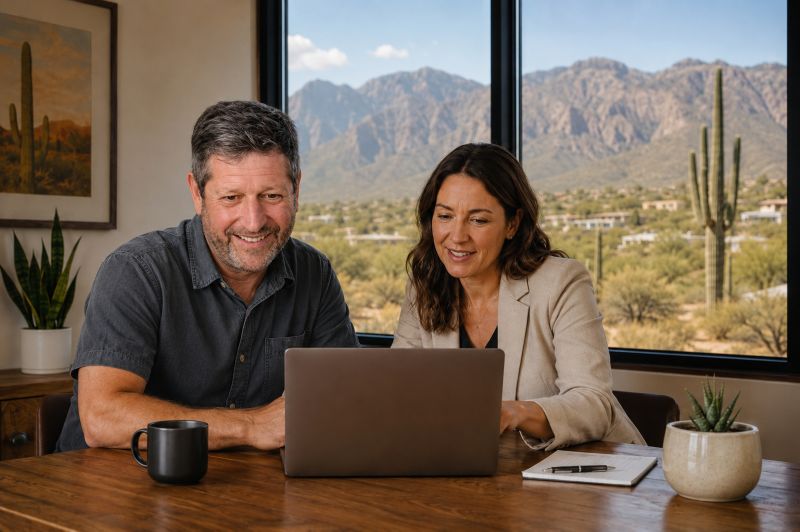 Organic SEO and Content Strategy for Tucson Small Businesses Small business owner and marketing consultant reviewing organic SEO and content strategy for a Tucson website.