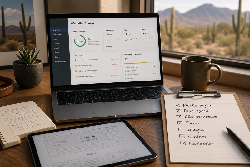 Small Business Website Review and Redesign Planning Small business website review and redesign planning with checklist for mobile layout, page speed, SEO structure, forms, images, content, and navigation.