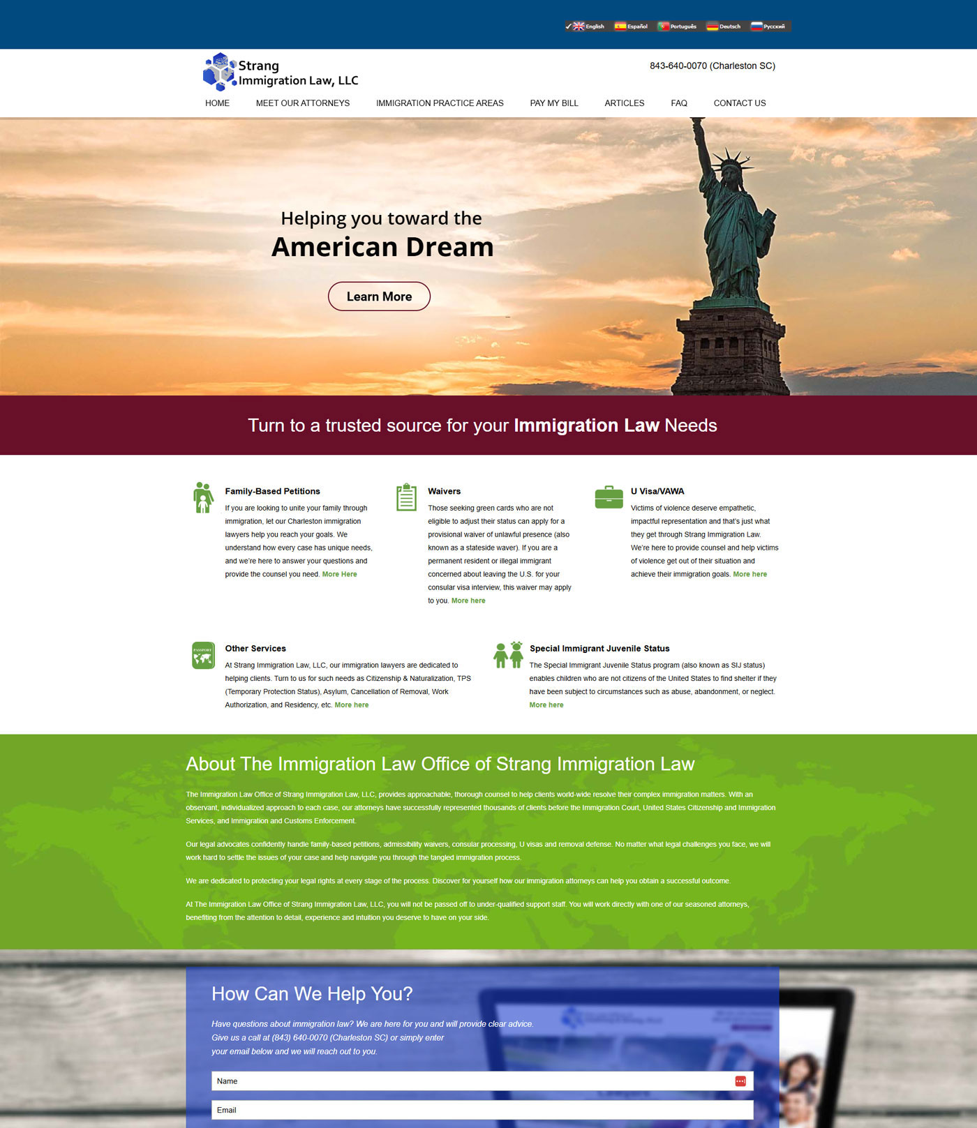 Strang Immigration website design with multilingual access and local SEO by ProImpact