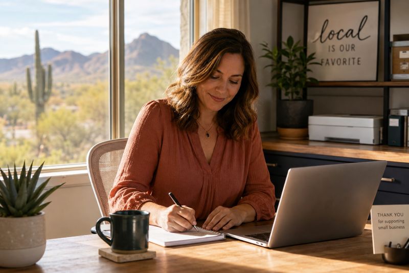 WordPress Hosting and Maintenance Peace of Mind Tucson small business owner working calmly while WordPress hosting and maintenance are handled for her website.