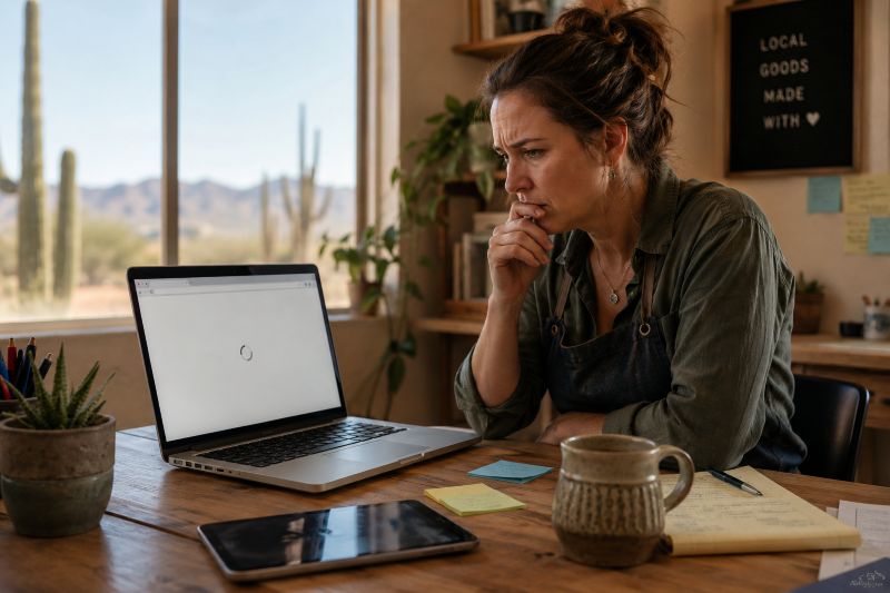 WordPress Website Support and Troubleshooting for Tucson Small Businesses Small business owner troubleshooting a WordPress website that will not load on a laptop.