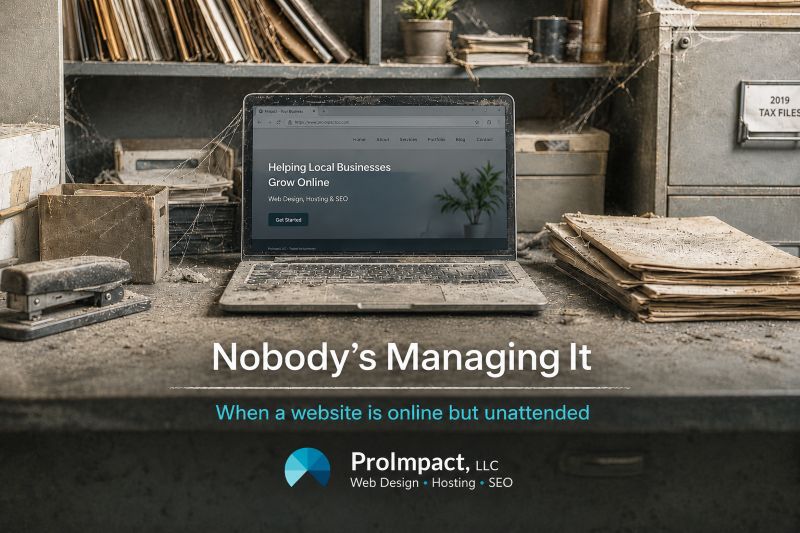 Dusty laptop showing a small business website in a neglected office setting with the headline Nobody’s Managing It for a ProImpact website management blog.