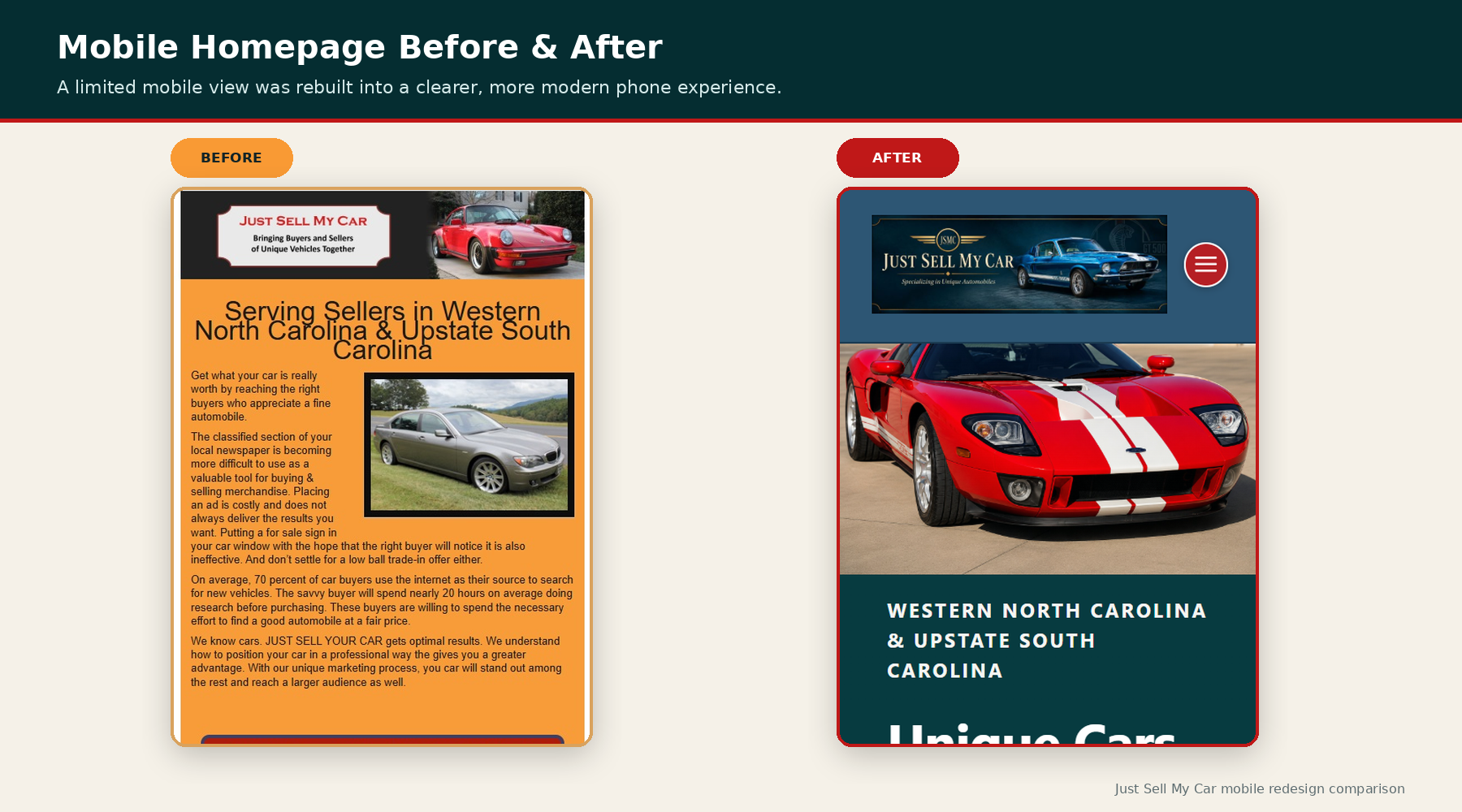 Just Sell My Car mobile homepage before and after redesign comparison