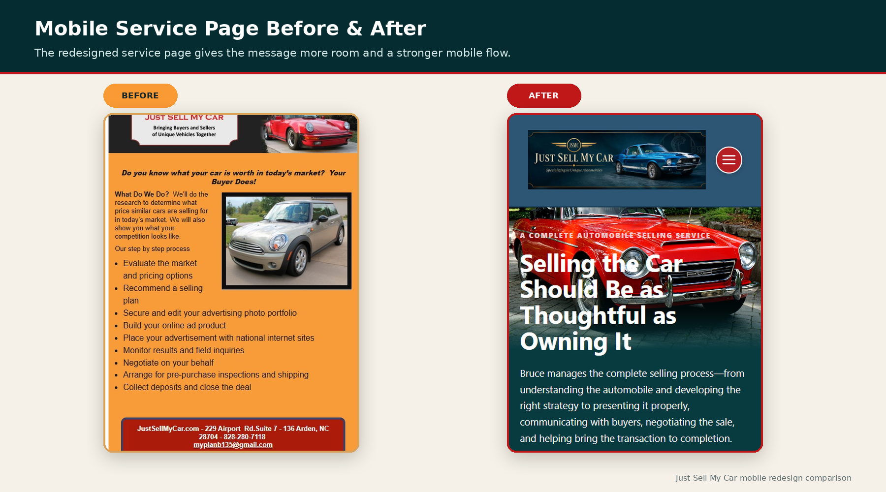 Just Sell My Car mobile services page before and after redesign comparison