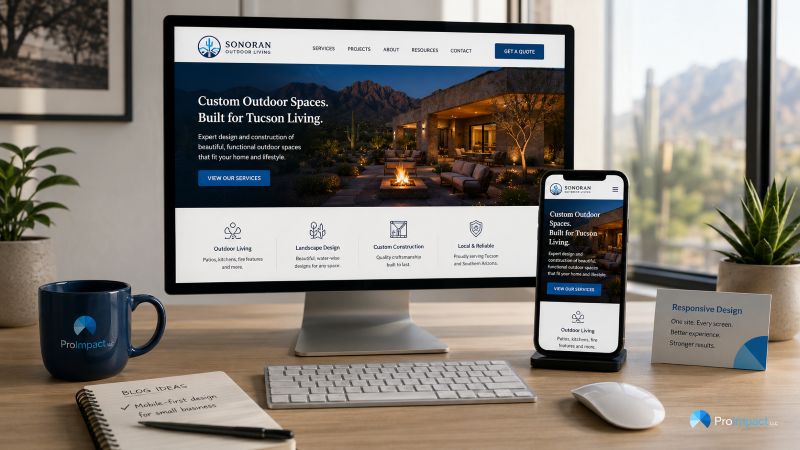 Desktop monitor and smartphone showing a responsive small-business WordPress website