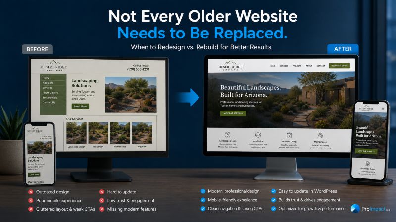 Comparison of an older small-business website with a modern mobile-friendly WordPress redesign