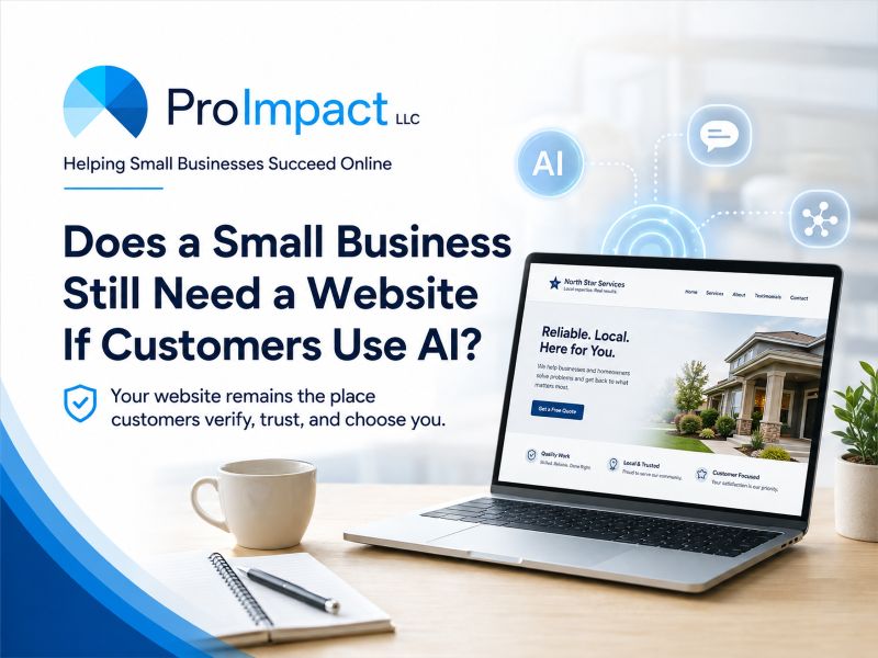 ProImpact feature image showing a small business website on a laptop with AI discovery graphics and the message that customers still use websites to verify, trust, and choose a business.