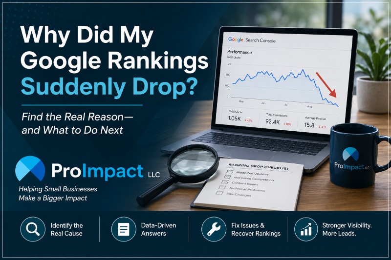 Google rankings drop analysis for a small business website by ProImpact, LLC
