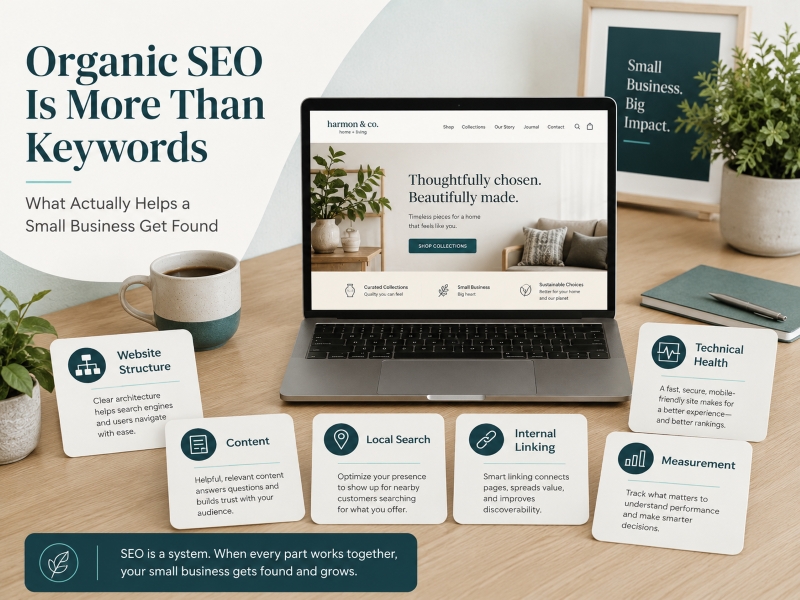Small business website surrounded by elements representing website structure, content, local search, technical health, internal linking, and SEO measurement.