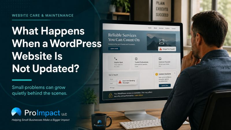 Business owner reviewing a WordPress website with update warnings, a broken image, and a contact form error.