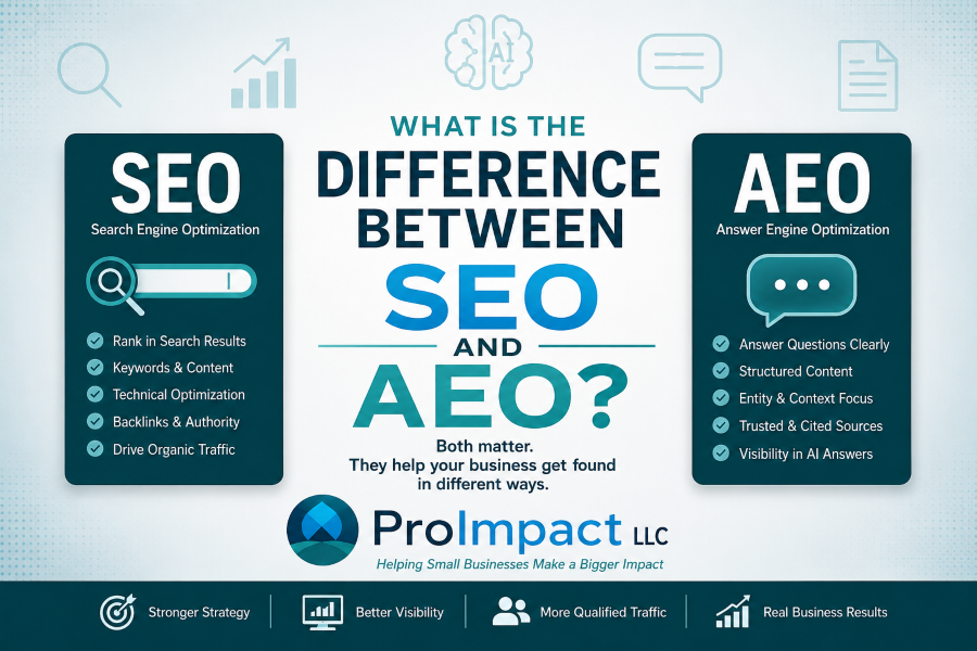 SEO vs AEO comparison explaining search engine optimization and answer engine optimization for small businesses