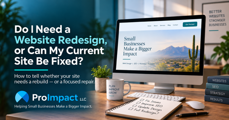 ProImpact feature image about deciding between a small business website redesign and focused website repairs