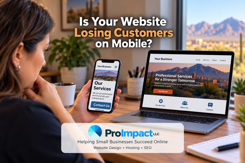 Tucson small business owner comparing a website on a smartphone and laptop to check mobile usability.