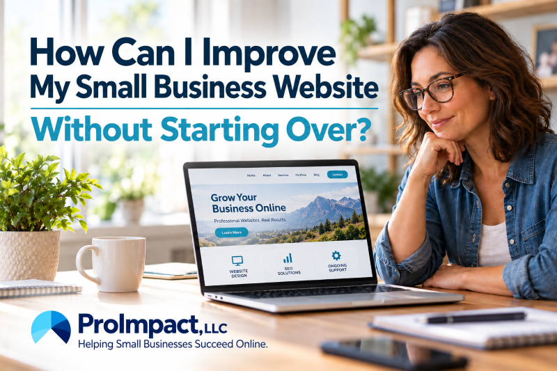 Small business owner reviewing a website redesign and improvement options with ProImpact, LLC.